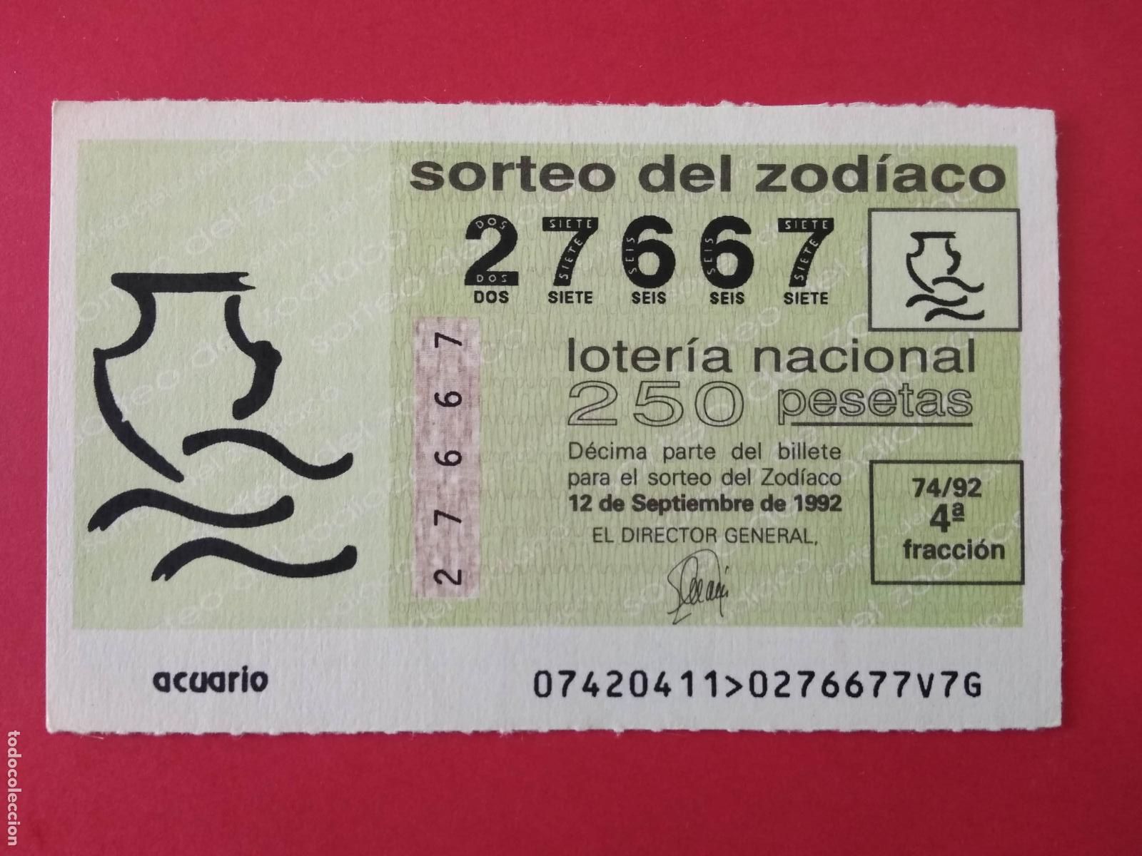 Loter&iacute;a nacional: DECIMO DE LOTERIA NACIONAL A&Ntilde;O 1992 SORTEO DEL ZODIACO N&ordm; 74 ACUARIO