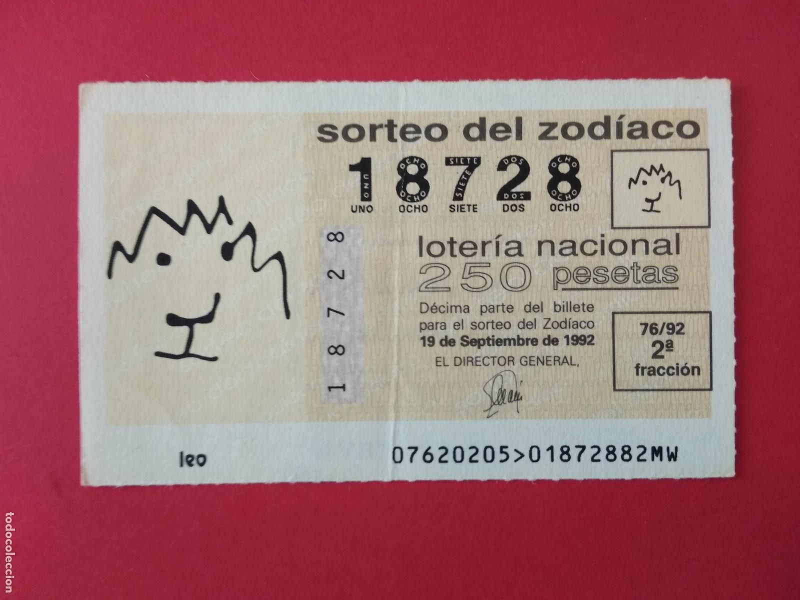 Loter&iacute;a nacional: DECIMO DE LOTERIA NACIONAL A&Ntilde;O 1992 SORTEO DEL ZODIACO N&ordm; 76 LEO