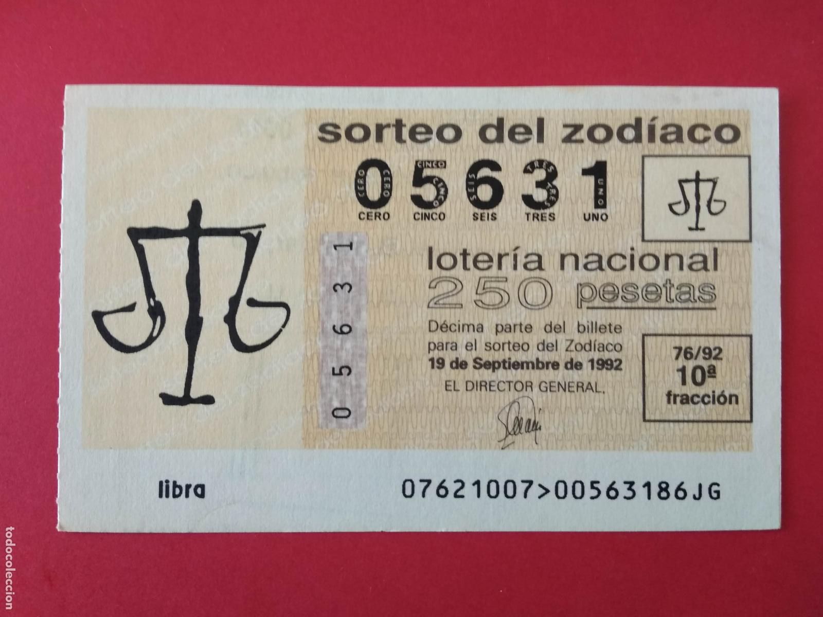 Loter&iacute;a nacional: DECIMO DE LOTERIA NACIONAL A&Ntilde;O 1992 SORTEO DEL ZODIACO N&ordm; 76 LIBRA