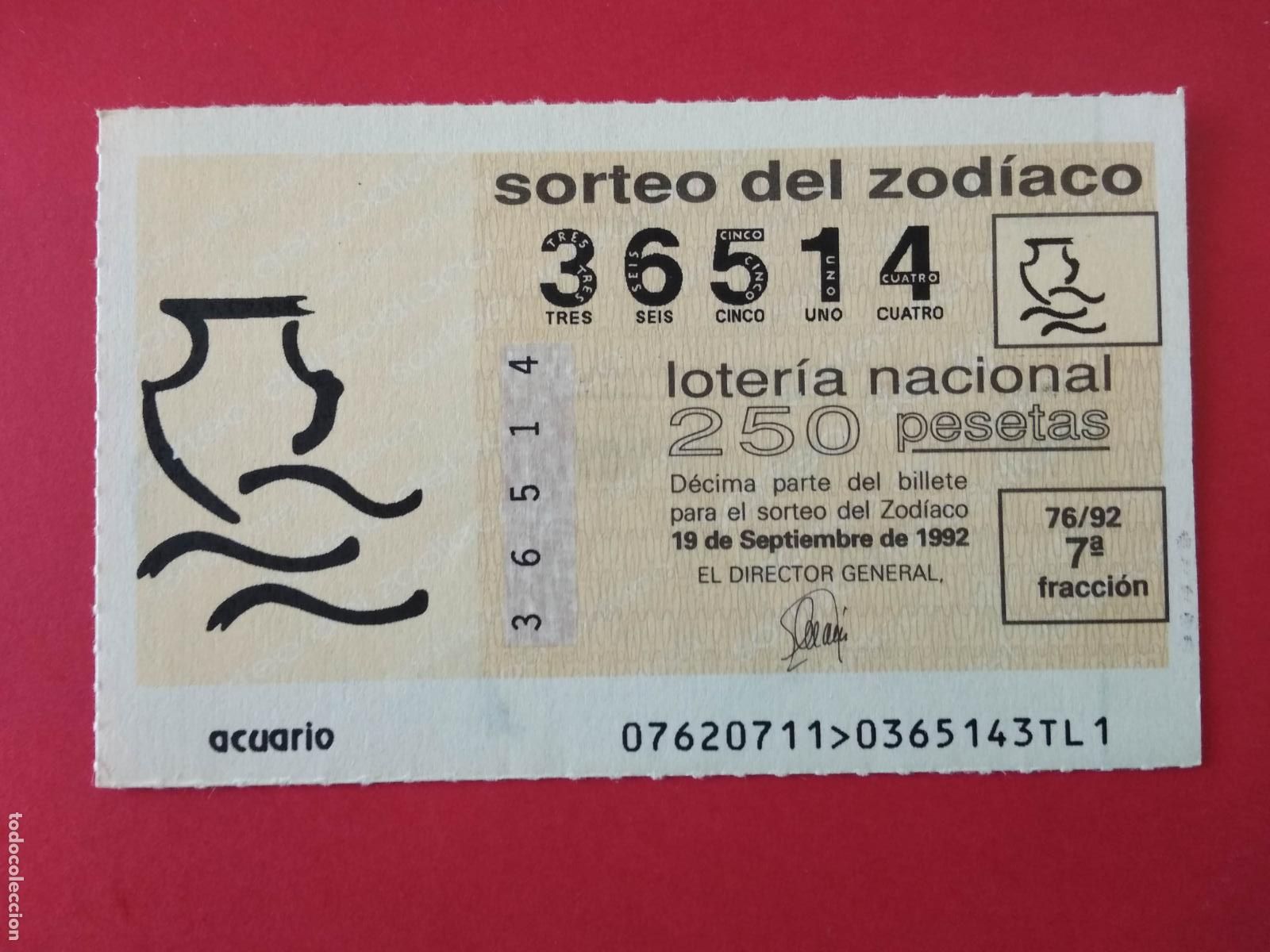 Loter&iacute;a nacional: DECIMO DE LOTERIA NACIONAL A&Ntilde;O 1992 SORTEO DEL ZODIACO N&ordm; 76 ACUARIO