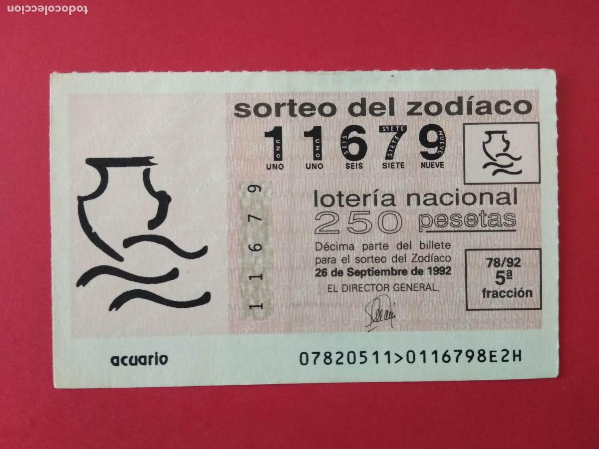 Loter&iacute;a nacional: DECIMO DE LOTERIA NACIONAL A&Ntilde;O 1992 SORTEO DEL ZODIACO N&ordm; 78 ACUARIO