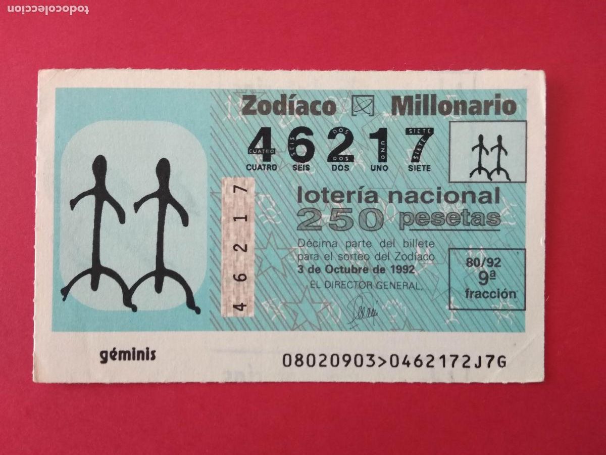 Loter&iacute;a nacional: DECIMO DE LOTERIA NACIONAL A&Ntilde;O 1992 SORTEO DEL ZODIACO N&ordm; 80 GEMINIS
