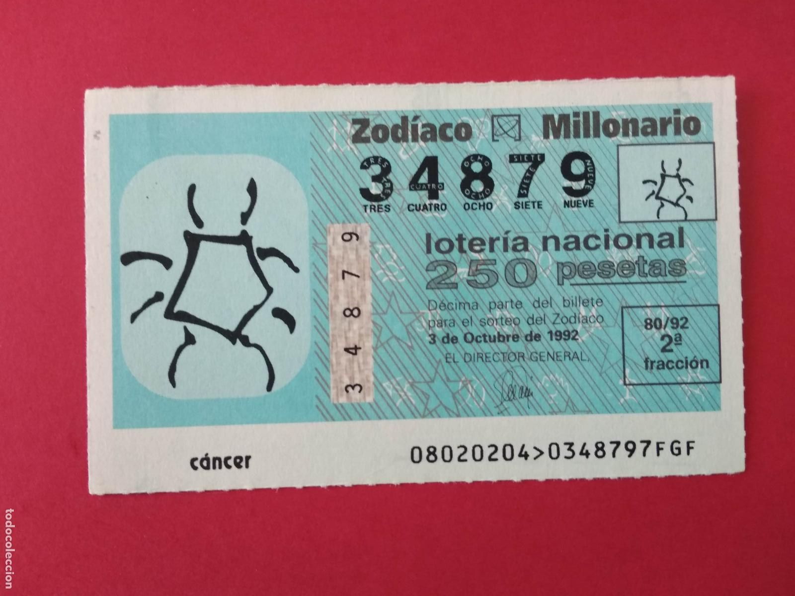 Loter&iacute;a nacional: DECIMO DE LOTERIA NACIONAL A&Ntilde;O 1992 SORTEO DEL ZODIACO N&ordm; 80 CANCER