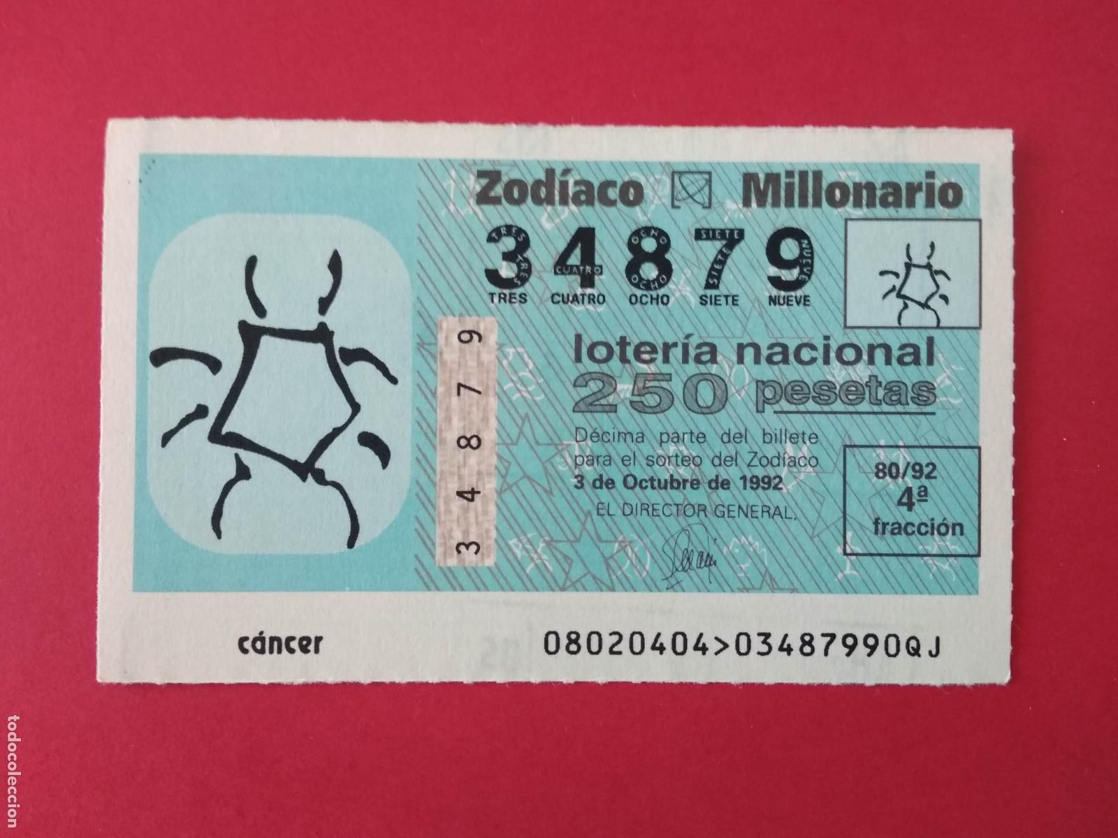 Loter&iacute;a nacional: DECIMO DE LOTERIA NACIONAL A&Ntilde;O 1992 SORTEO DEL ZODIACO N&ordm; 80 CANCER