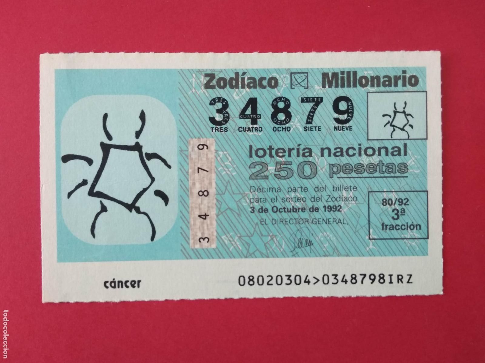 Loter&iacute;a nacional: DECIMO DE LOTERIA NACIONAL A&Ntilde;O 1992 SORTEO DEL ZODIACO N&ordm; 80 CANCER