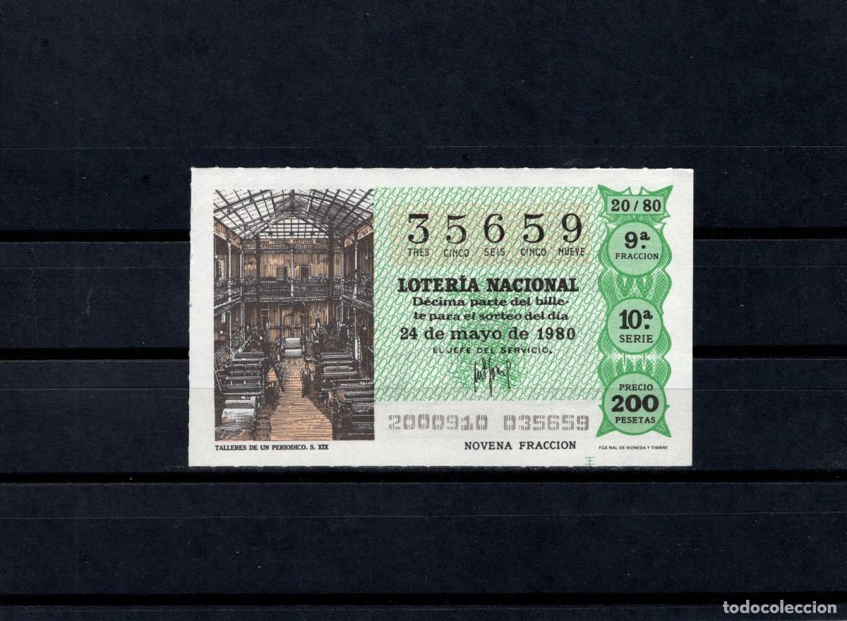Loter&iacute;a nacional: L. Nacional 24 Mayo 1980. Talleres de un Peri&oacute;dico. N&ordm; 35659. Admon 136 Ana. Madrid. Desaparecida.