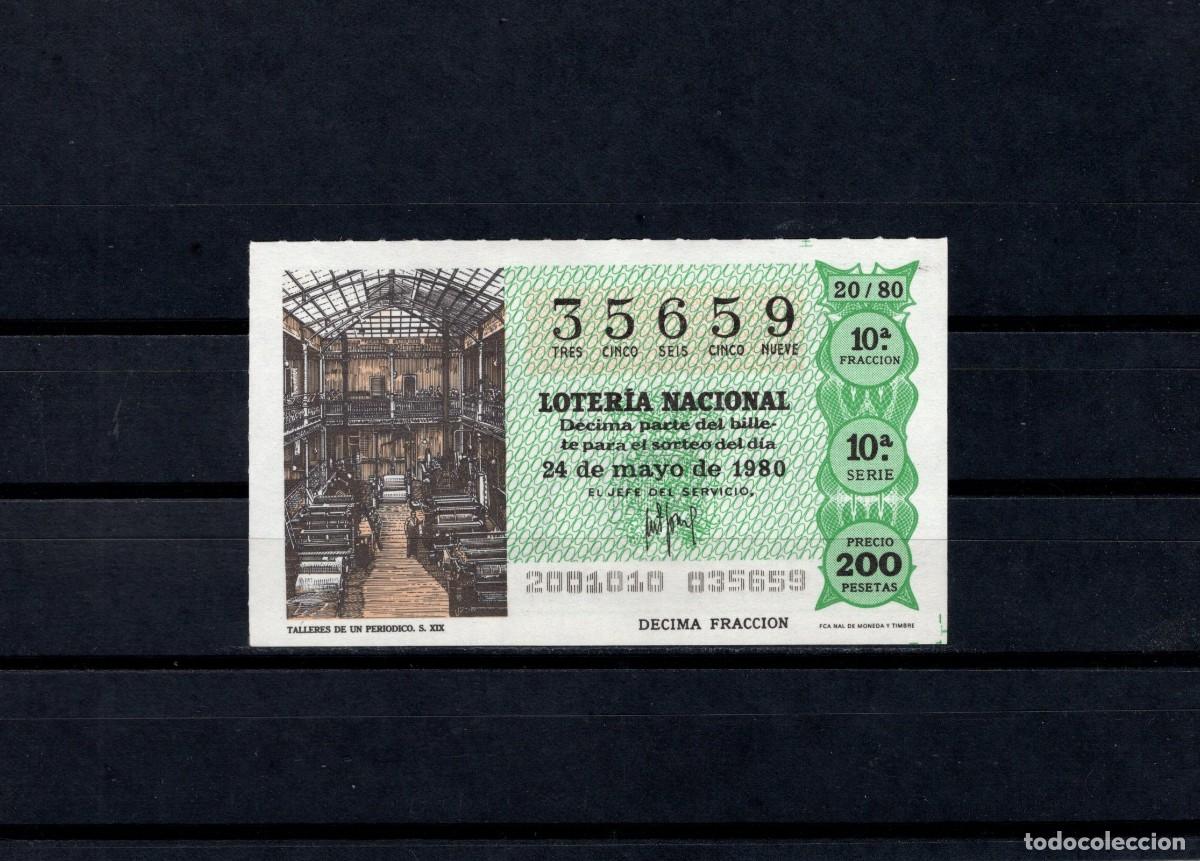 Loter&iacute;a nacional: L. Nacional 24 Mayo 1980. Talleres de un Peri&oacute;dico. N&ordm; 35659. Admon 136 Ana. Madrid. Desaparecida.