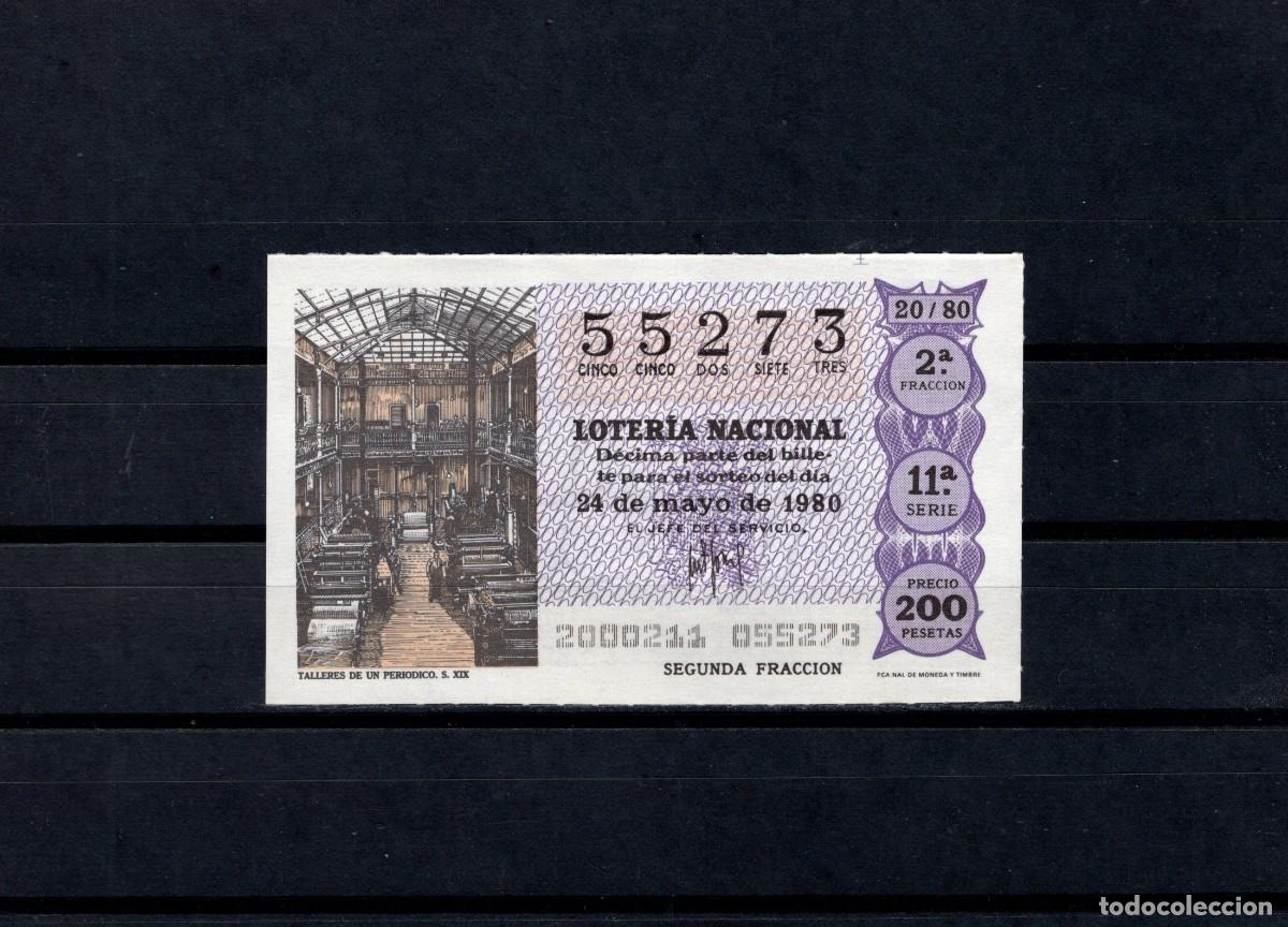 Loter&iacute;a nacional: L. Nacional 24 Mayo 1980.Talleres de un Peri&oacute;dico. N&ordm; 55273. Admon 12 Conchita. Madrid. Desaparecida