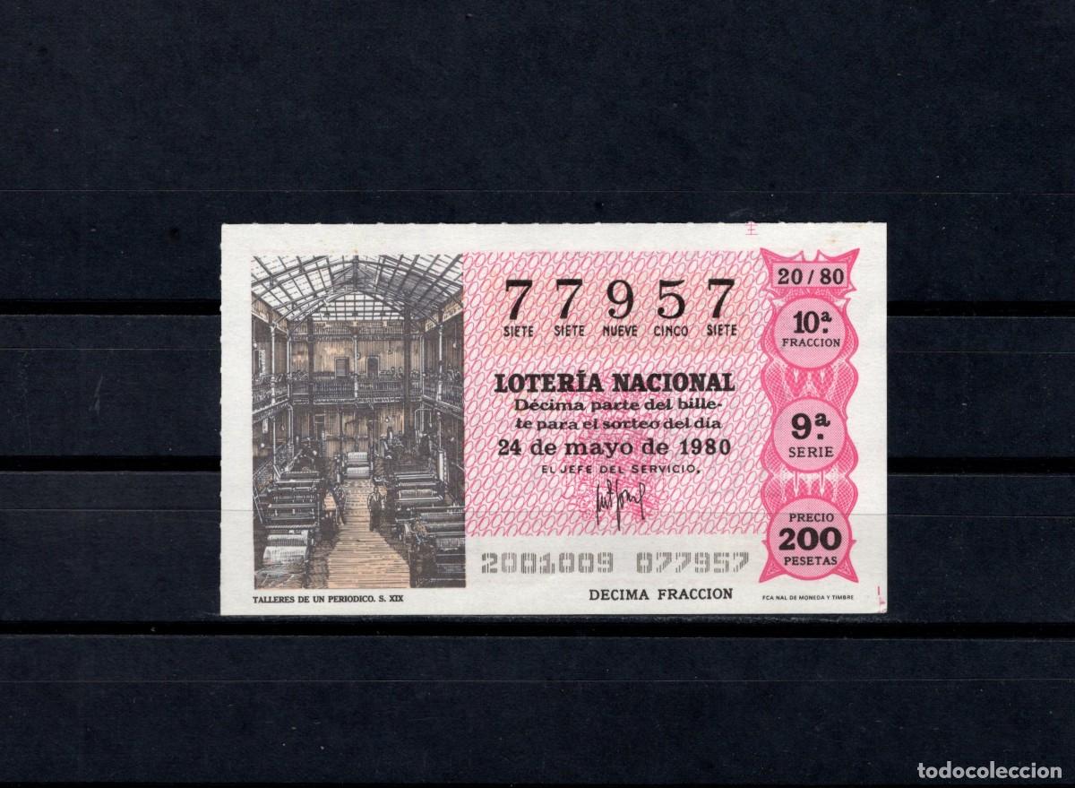 Loter&iacute;a nacional: L. Nacional 24 Mayo 1980. Talleres de un Peri&oacute;dico. N&ordm; 77957. Admon Sonsoles. &Aacute;vila. Desaparecida.
