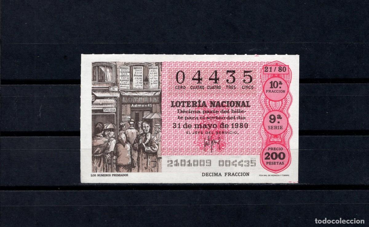 Loter&iacute;a nacional: L. Nacional 31 Mayo 1980. Los N&uacute;meros Premiados. N&ordm; 04435. Admon 136 Ana. Madrid. Desaparecida.