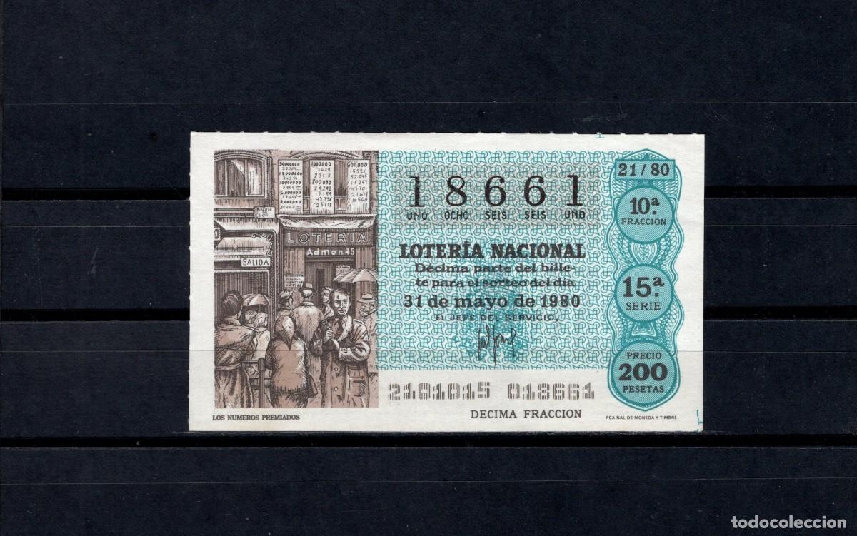 Loter&iacute;a nacional: L. Nacional 31 Mayo 1980. Los N&uacute;meros Premiados. N&ordm; 18661. Admon Sonsoles. &Aacute;vila. Desaparecida.