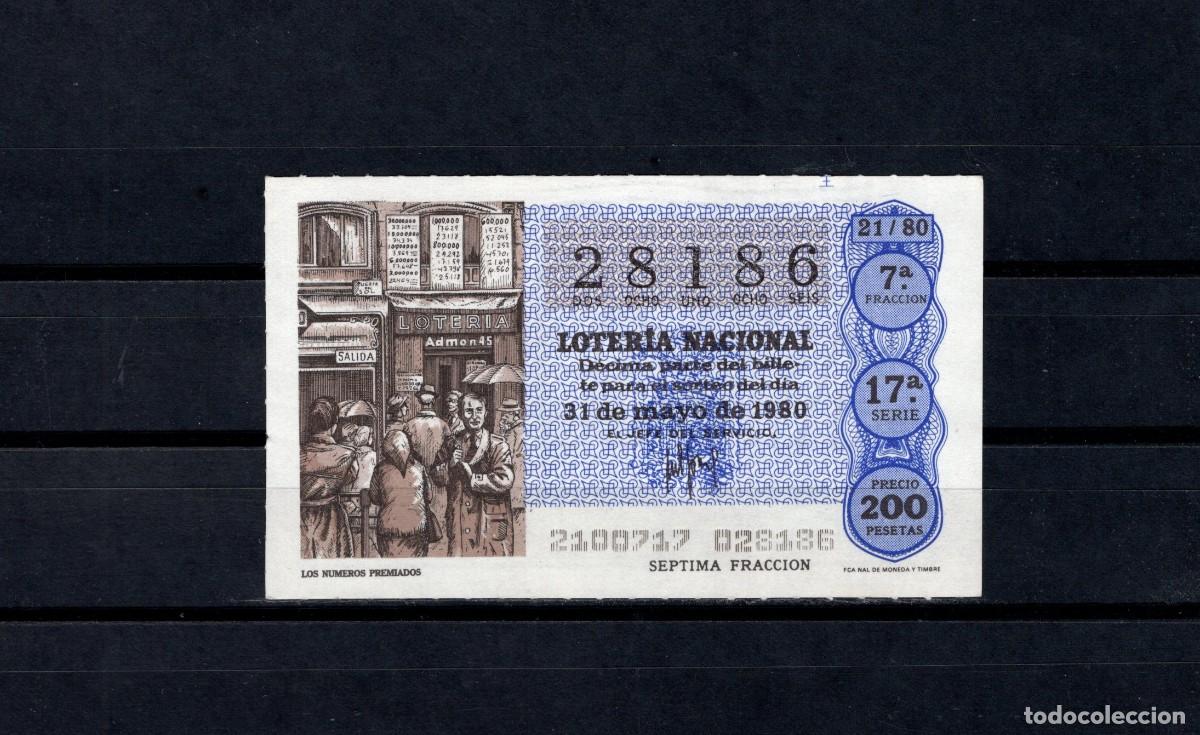 Loter&iacute;a nacional: L. Nacional 31 Mayo 1980. Los N&uacute;meros Premiados. N&ordm; 28186. Admon Sonsoles. &Aacute;vila. Desaparecida.