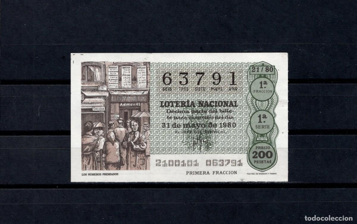 Loter&iacute;a nacional: L. Nacional 31 Mayo 1980. Los N&uacute;meros Premiados. N&ordm; 63791. Admon 12 Conchita. Madrid. Desaparecida.