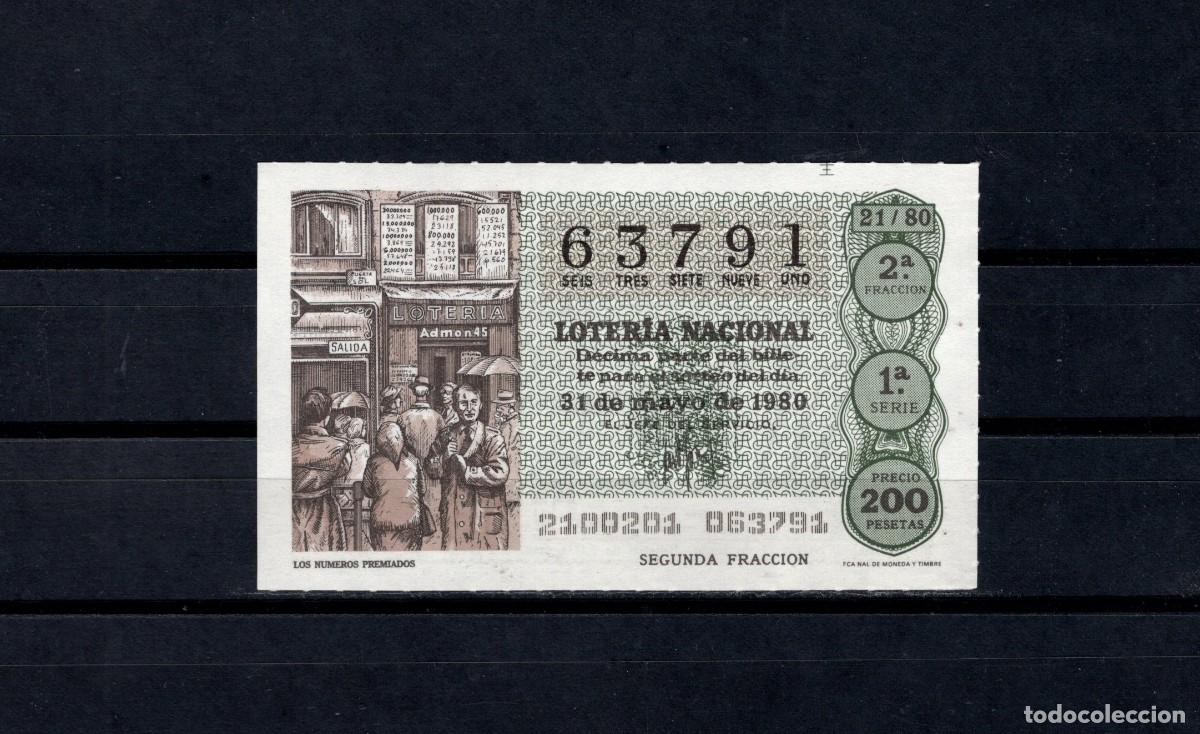 Loter&iacute;a nacional: L. Nacional 31 Mayo 1980. Los N&uacute;meros Premiados. N&ordm; 63791. Admon 12 Conchita. Madrid. Desaparecida.