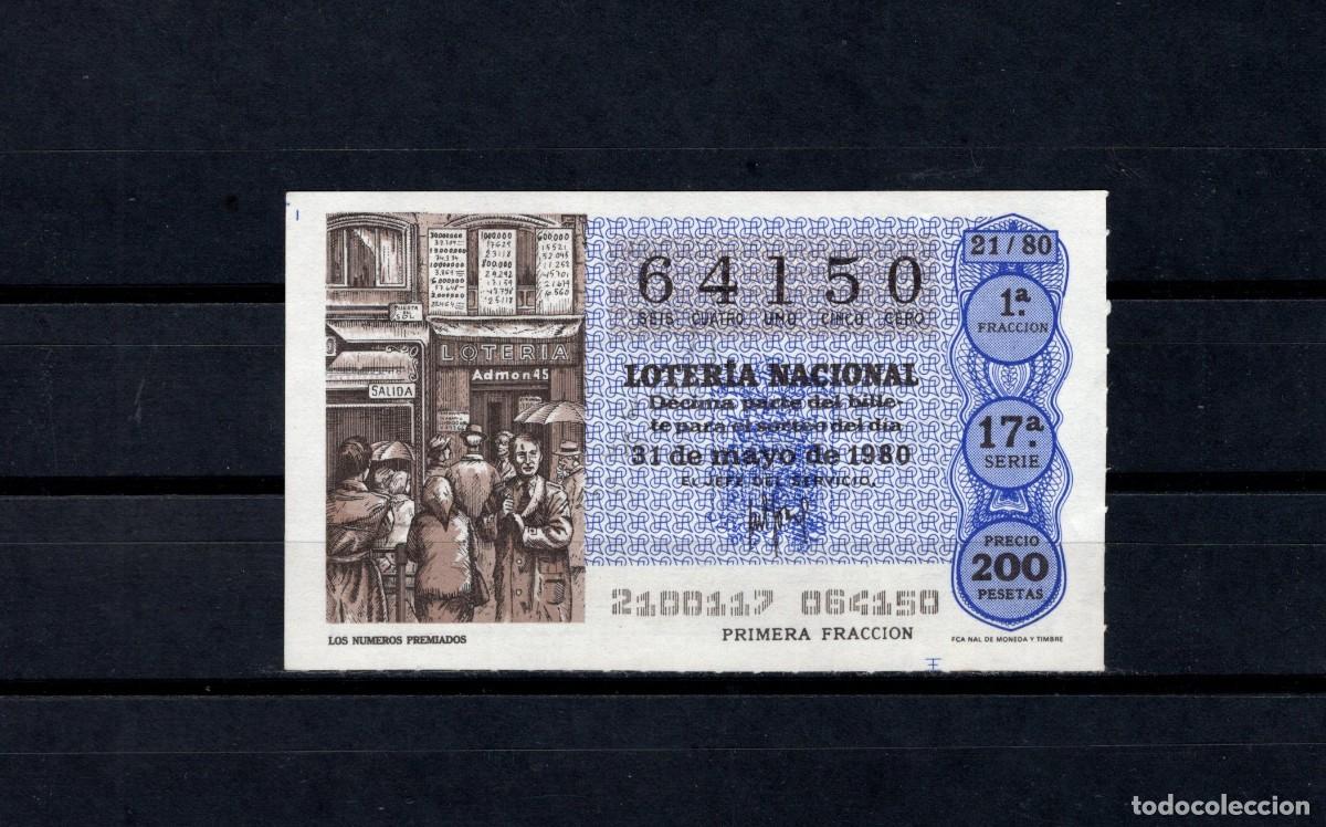 Loter&iacute;a nacional: L. Nacional 31 Mayo 1980. Los N&uacute;meros Premiados. N&ordm; 64150. Admon. n&ordm; 53. Madrid. Desaparecida.