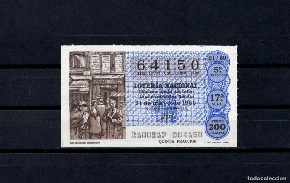 Loter&iacute;a nacional: L. Nacional 31 Mayo 1980. Los N&uacute;meros Premiados. N&ordm; 64150. Admon. n&ordm; 53. Madrid. Desaparecida.