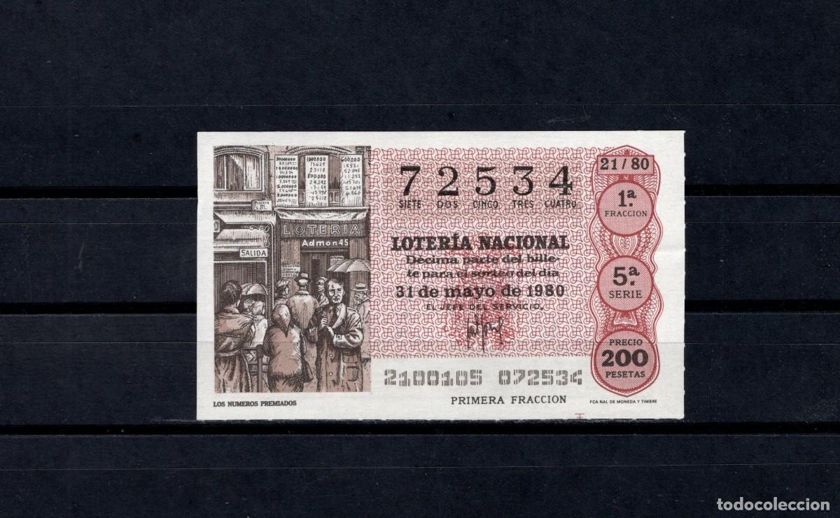 Loter&iacute;a nacional: L. Nacional 31 Mayo 1980. Los N&uacute;meros Premiados. N&ordm; 72534. Admon 12 Conchita. Madrid. Desaparecida.