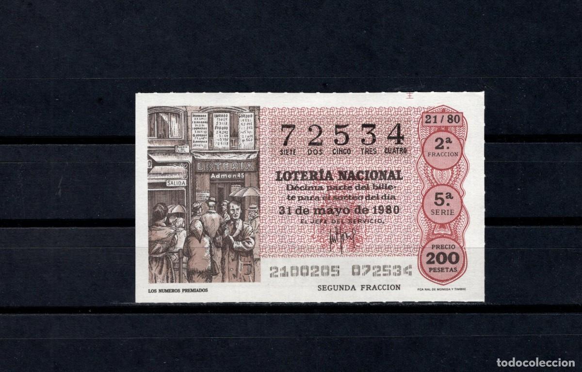 Loter&iacute;a nacional: L. Nacional 31 Mayo 1980. Los N&uacute;meros Premiados. N&ordm; 72534. Admon 12 Conchita. Madrid. Desaparecida.