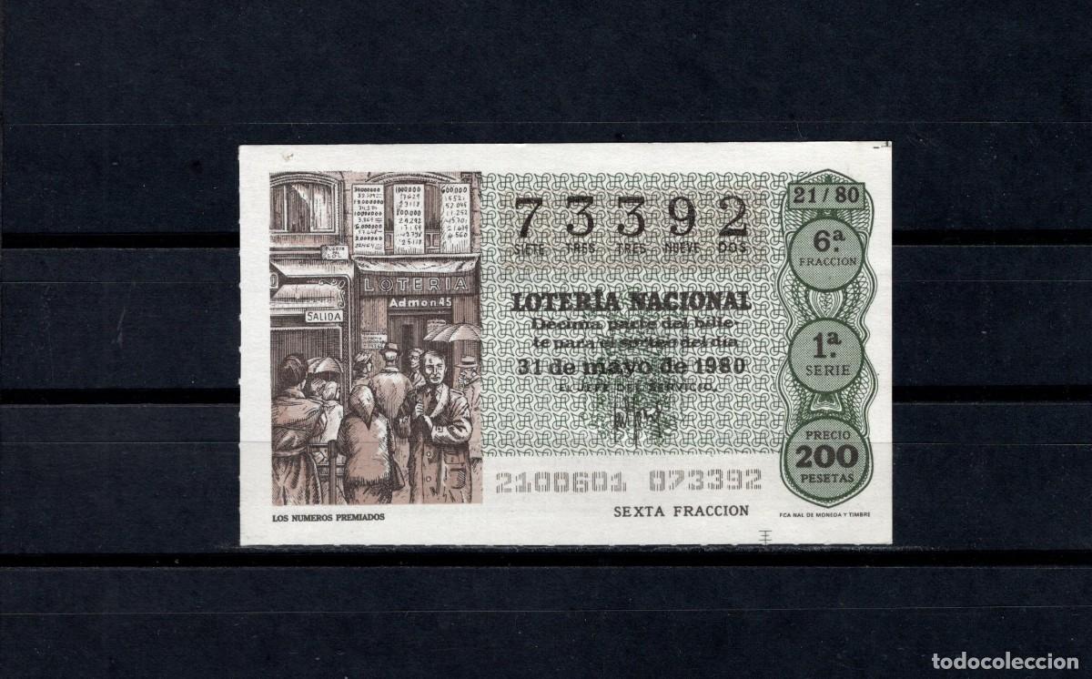 Loter&iacute;a nacional: L. Nacional 31 Mayo 1980. Los N&uacute;meros Premiados. N&ordm; 73392. Admon Alhambra. Madrid. Desaparecida.