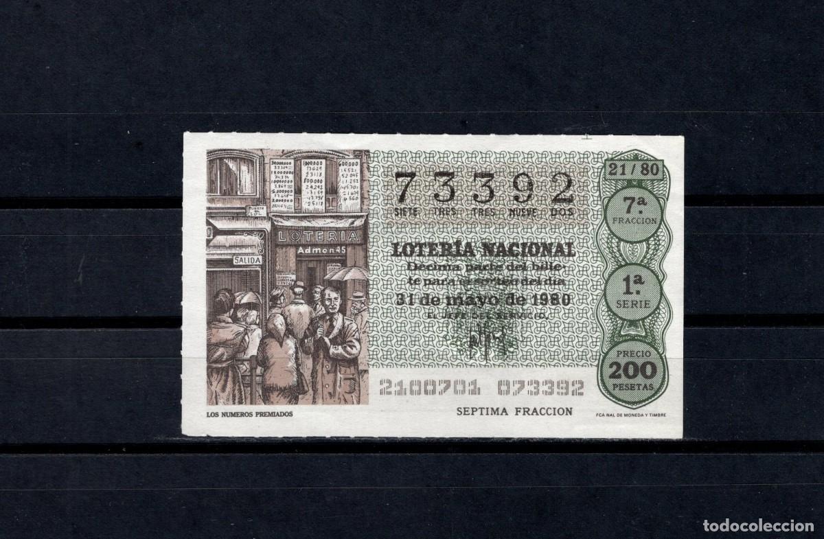 Loter&iacute;a nacional: L. Nacional 31 Mayo 1980. Los N&uacute;meros Premiados. N&ordm; 73392. Admon Alhambra. Madrid. Desaparecida.