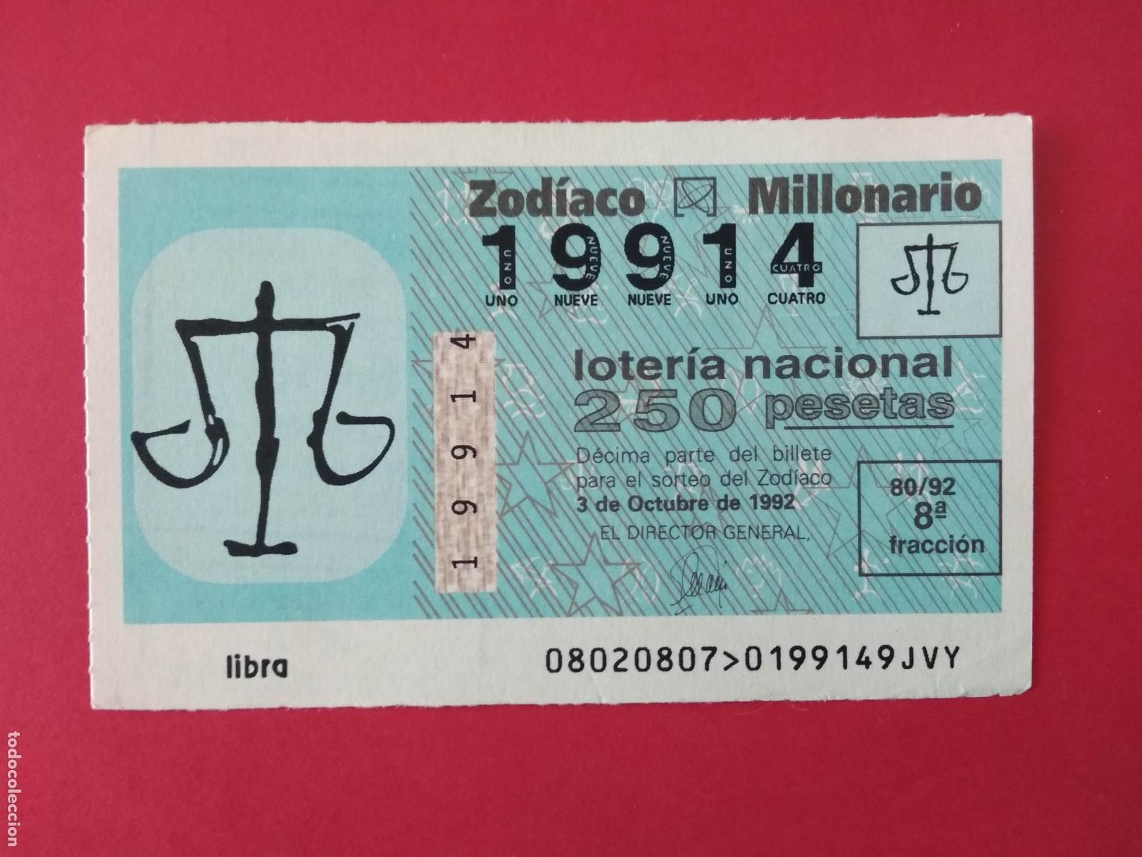 Loterie Nationale: DECIMO DE LOTERIA NACIONAL A&Ntilde;O 1992 SORTEO DEL ZODIACO N&ordm; 80 LIBRA