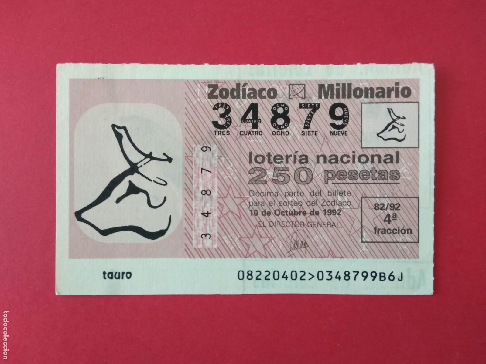 Loterie Nationale: DECIMO DE LOTERIA NACIONAL A&Ntilde;O 1992 SORTEO DEL ZODIACO N&ordm; 82 TAURO