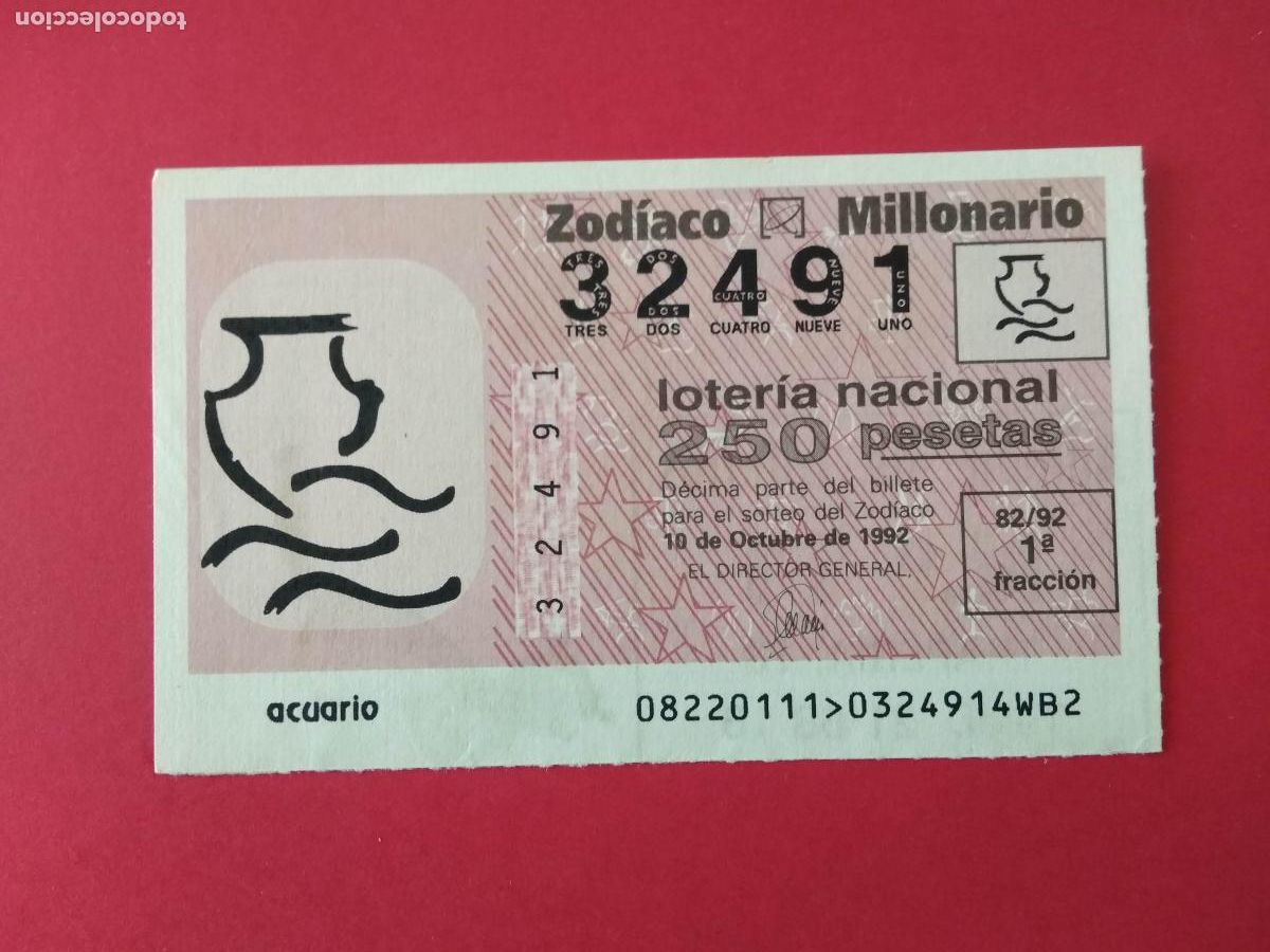 Loterie Nationale: DECIMO DE LOTERIA NACIONAL A&Ntilde;O 1992 SORTEO DEL ZODIACO N&ordm; 82 ACUARIO