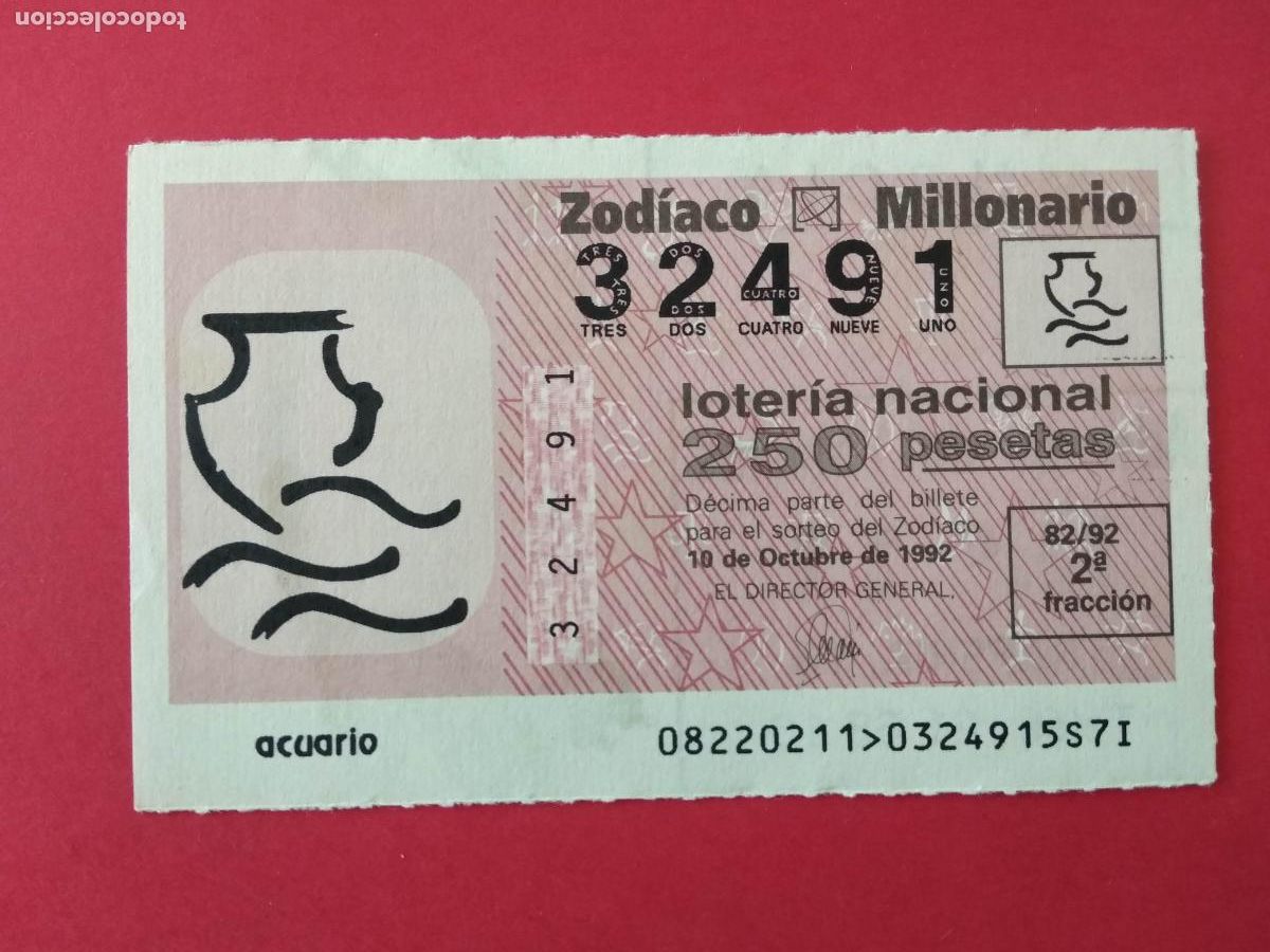 Loterie Nationale: DECIMO DE LOTERIA NACIONAL A&Ntilde;O 1992 SORTEO DEL ZODIACO N&ordm; 82 ACUARIO
