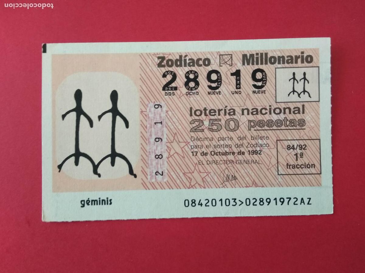 Loterie Nationale: DECIMO DE LOTERIA NACIONAL A&Ntilde;O 1992 SORTEO DEL ZODIACO N&ordm; 84 GEMINIS