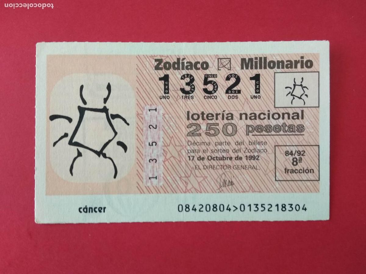 Loterie Nationale: DECIMO DE LOTERIA NACIONAL A&Ntilde;O 1992 SORTEO DEL ZODIACO N&ordm; 84 CANCER