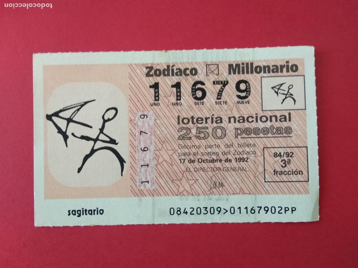 Loterie Nationale: DECIMO DE LOTERIA NACIONAL A&Ntilde;O 1992 SORTEO DEL ZODIACO N&ordm; 84 SAGITARIO
