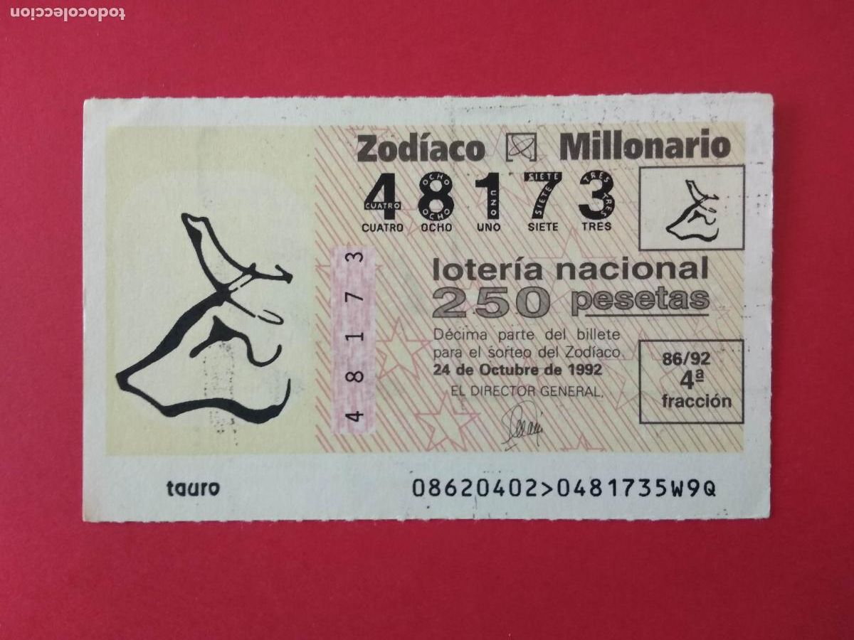 Loterie Nationale: DECIMO DE LOTERIA NACIONAL A&Ntilde;O 1992 SORTEO DEL ZODIACO N&ordm; 86 TAURO