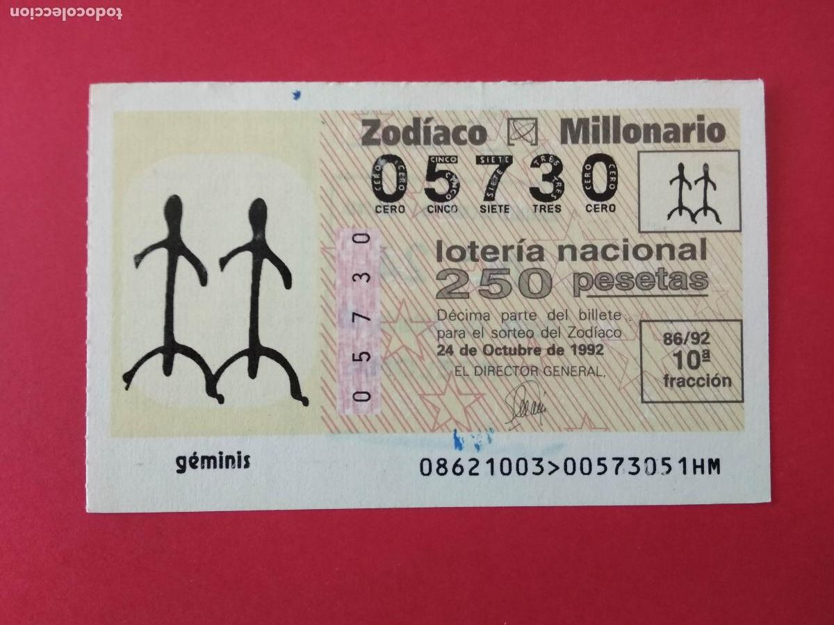Loterie Nationale: DECIMO DE LOTERIA NACIONAL A&Ntilde;O 1992 SORTEO DEL ZODIACO N&ordm; 86 GEMINIS