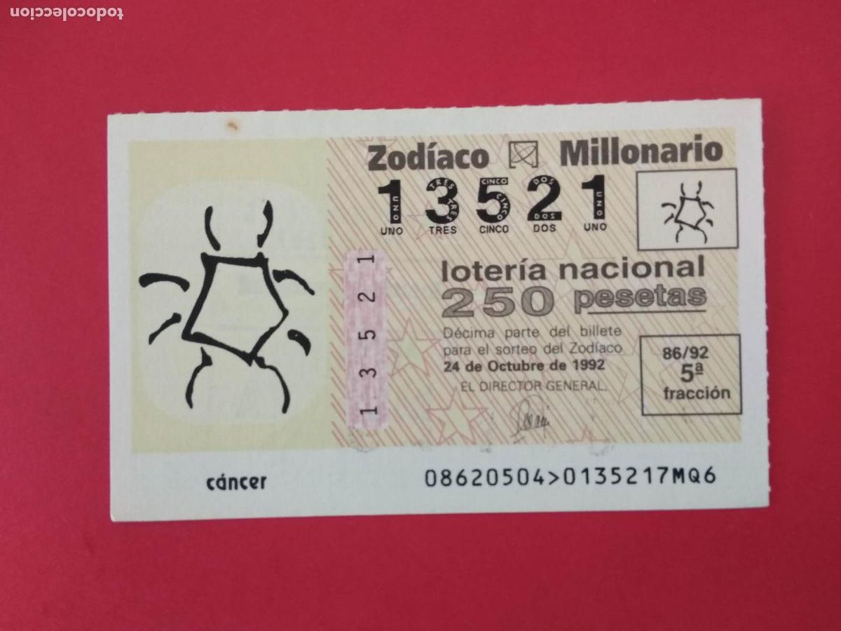 Loterie Nationale: DECIMO DE LOTERIA NACIONAL A&Ntilde;O 1992 SORTEO DEL ZODIACO N&ordm; 86 CANCER