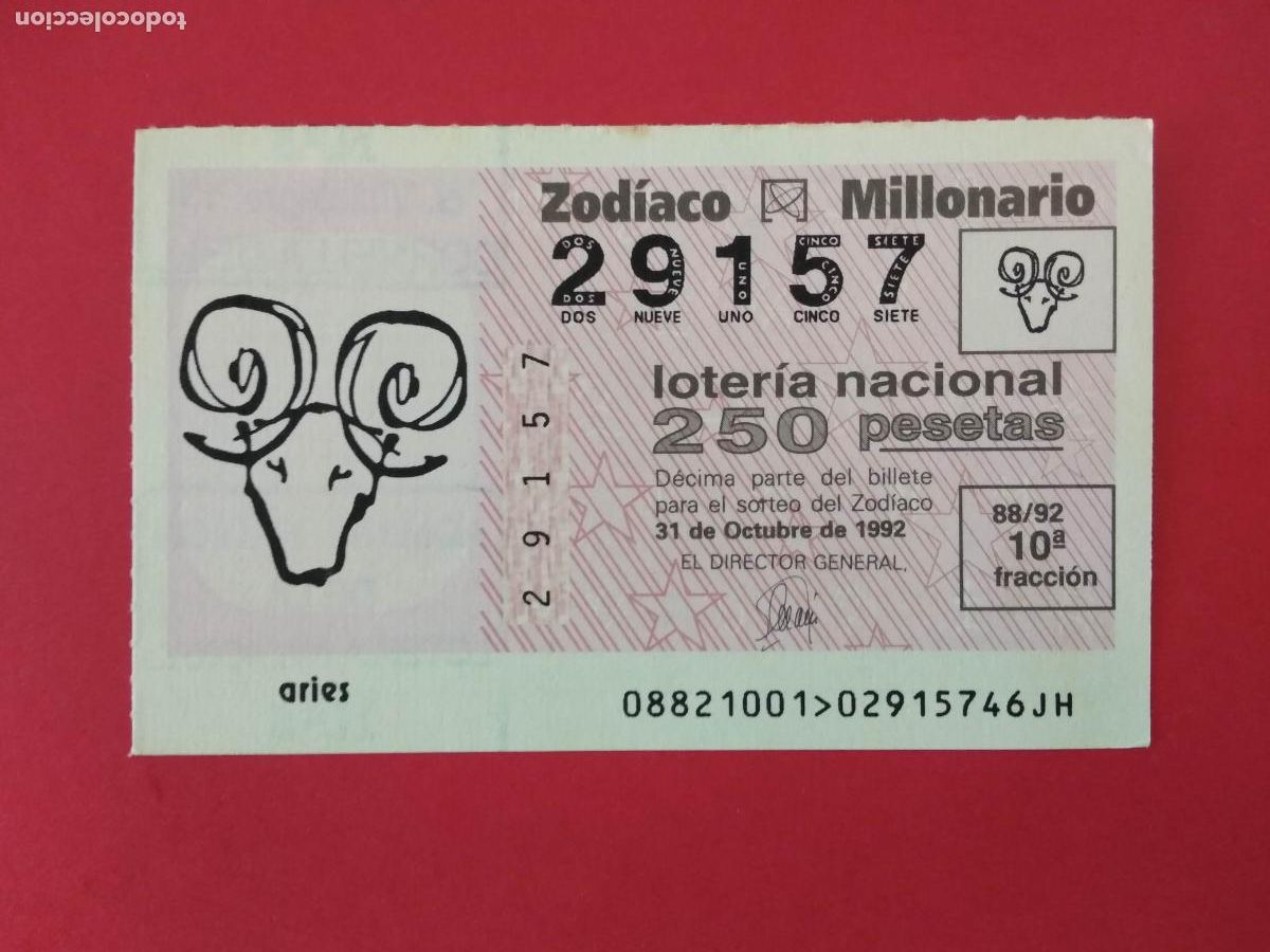 Loterie Nationale: DECIMO DE LOTERIA NACIONAL A&Ntilde;O 1992 SORTEO DEL ZODIACO N&ordm; 88 ARIES