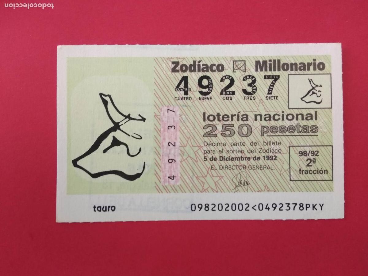 Loterie Nationale: DECIMO DE LOTERIA NACIONAL A&Ntilde;O 1992 SORTEO DEL ZODIACO N&ordm; 98 TAURO