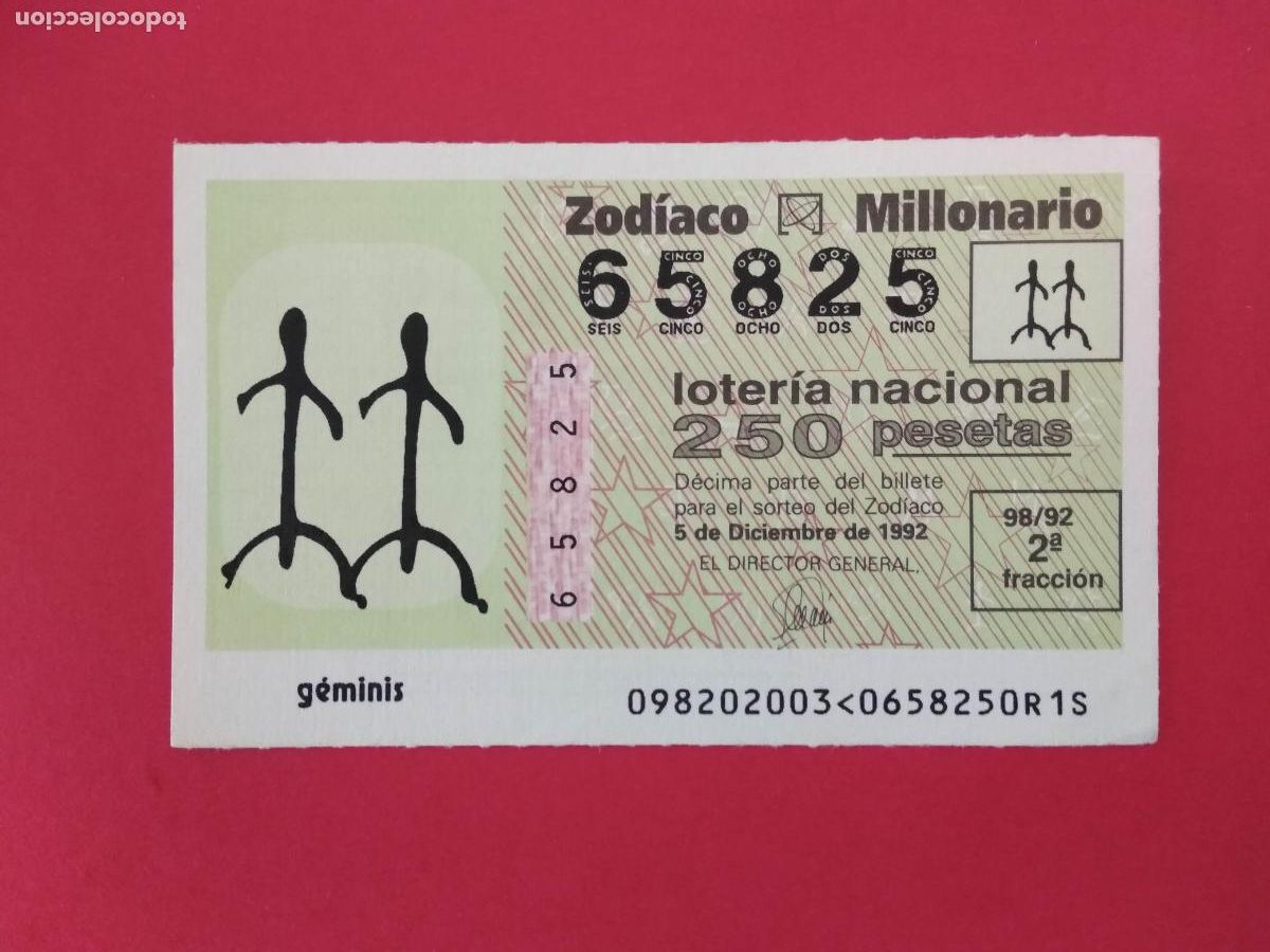 Loterie Nationale: DECIMO DE LOTERIA NACIONAL A&Ntilde;O 1992 SORTEO DEL ZODIACO N&ordm; 98 GEMINIS