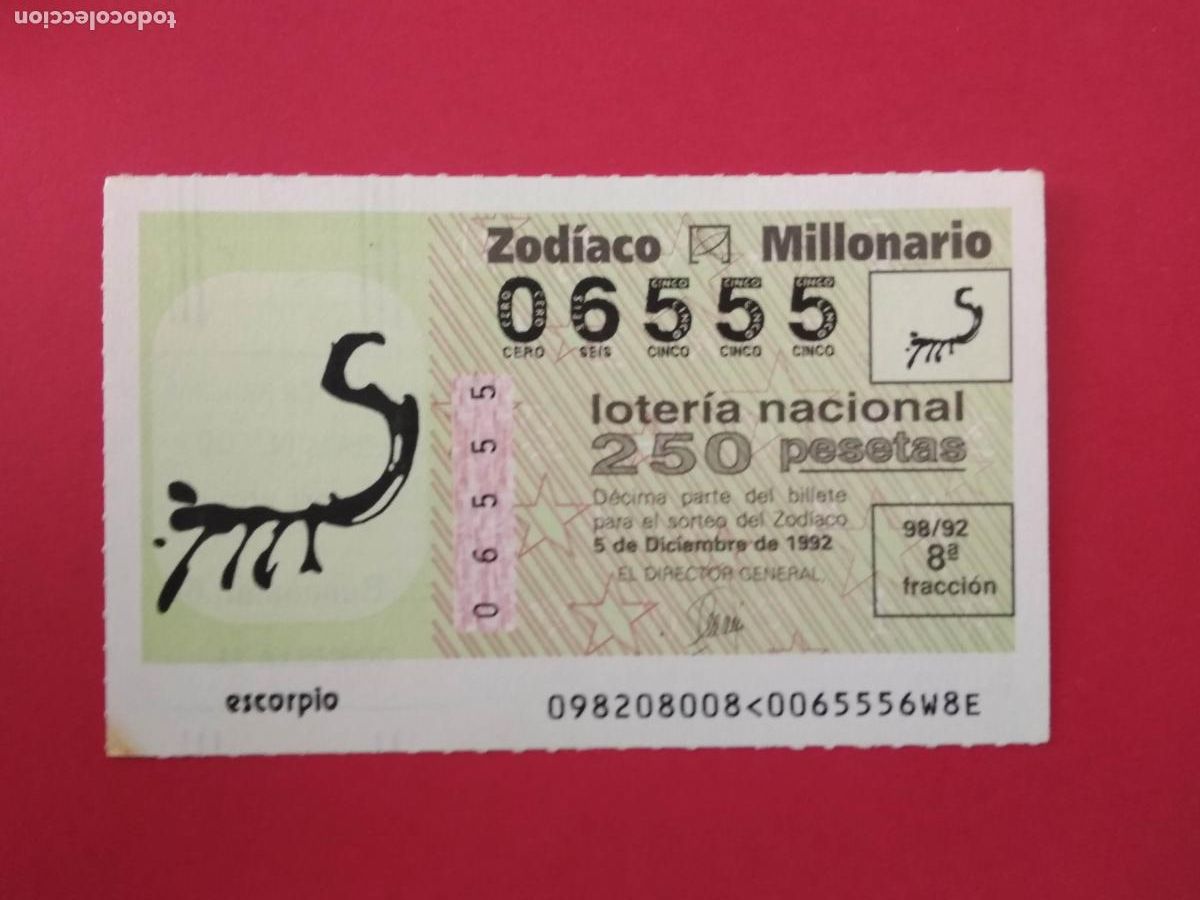 Loterie Nationale: DECIMO DE LOTERIA NACIONAL A&Ntilde;O 1992 SORTEO DEL ZODIACO N&ordm; 98 ESCORPIO