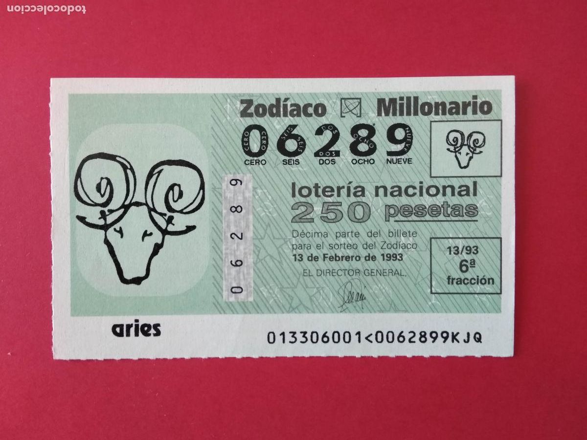 Loterie Nationale: DECIMO DE LOTERIA NACIONAL A&Ntilde;O 1993 SORTEO DEL ZODIACO N&ordm; 13 ARIES