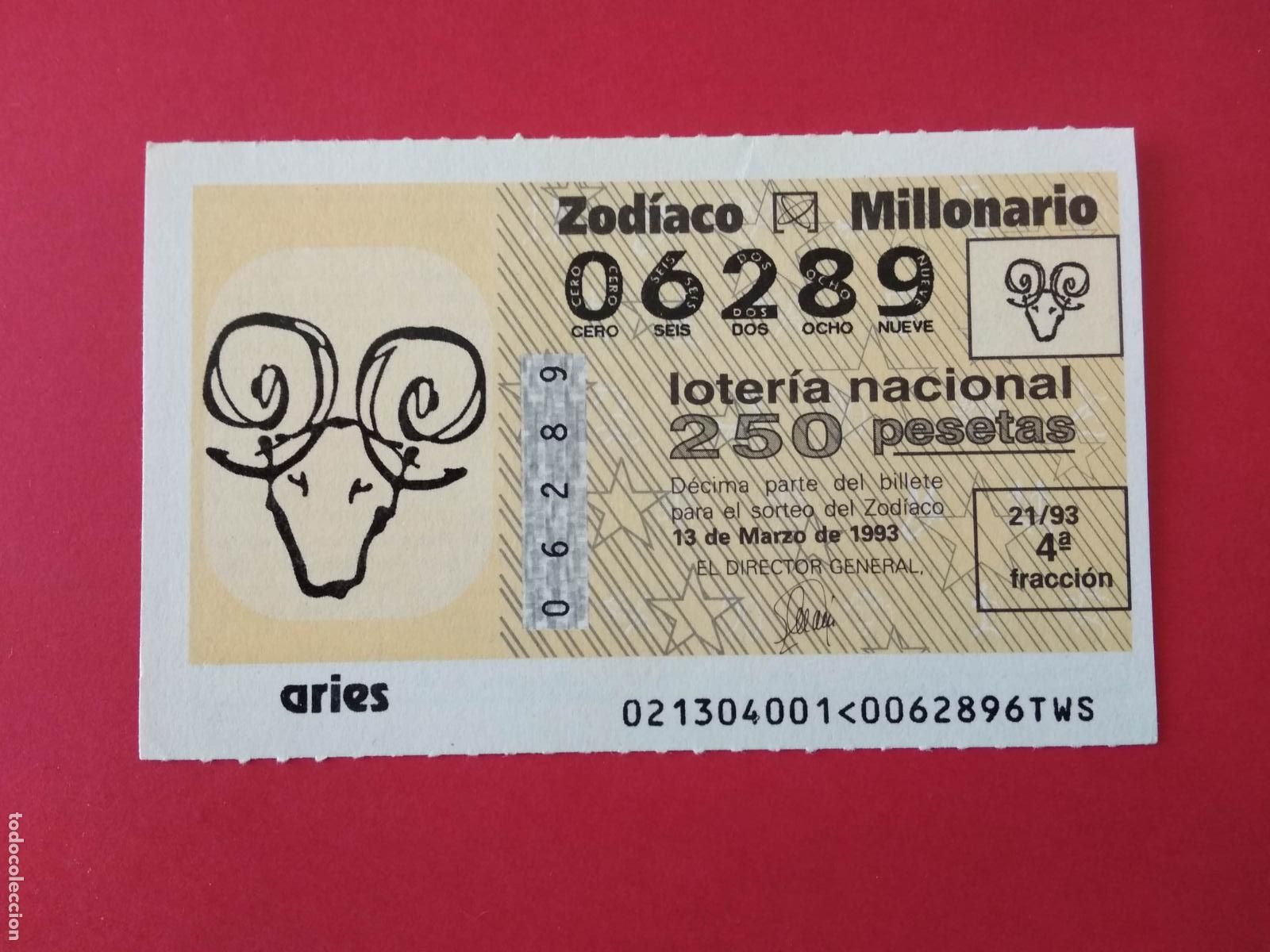 Loter&iacute;a nacional: DECIMO DE LOTERIA NACIONAL A&Ntilde;O 1993 SORTEO DEL ZODIACO N&ordm; 21 ARIES