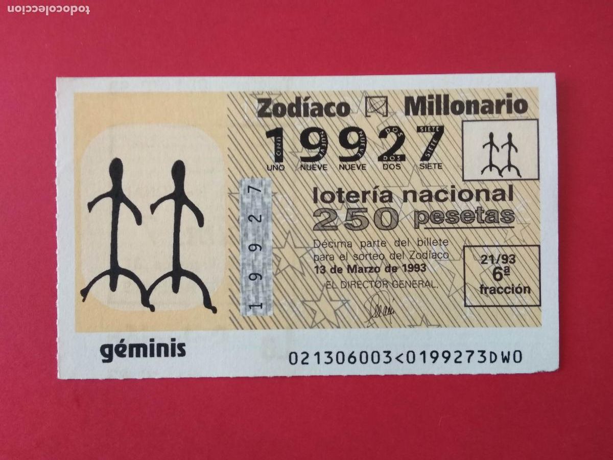 Loter&iacute;a nacional: DECIMO DE LOTERIA NACIONAL A&Ntilde;O 1993 SORTEO DEL ZODIACO N&ordm; 21 GEMINIS