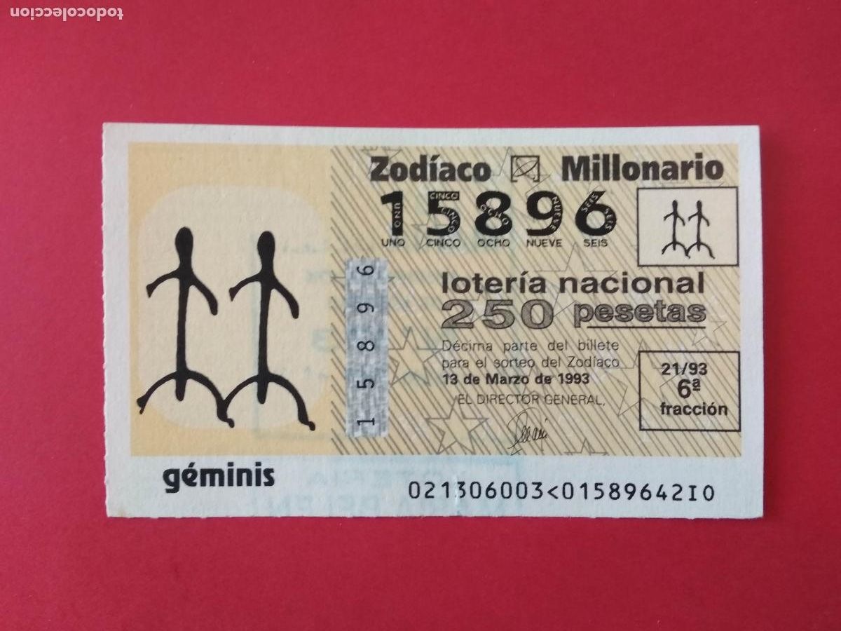 Loter&iacute;a nacional: DECIMO DE LOTERIA NACIONAL A&Ntilde;O 1993 SORTEO DEL ZODIACO N&ordm; 21 GEMINIS