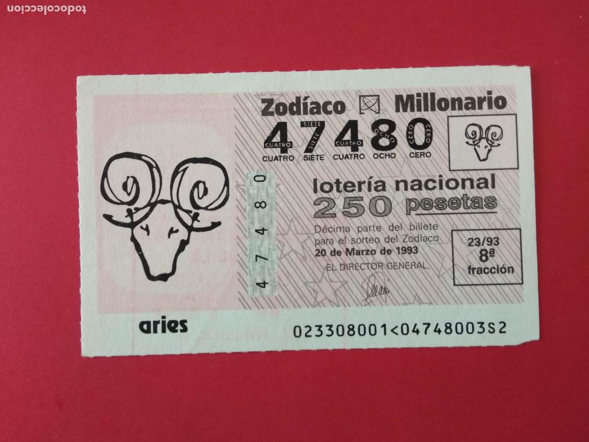 Loter&iacute;a nacional: DECIMO DE LOTERIA NACIONAL A&Ntilde;O 1993 SORTEO DEL ZODIACO N&ordm; 23 ARIES