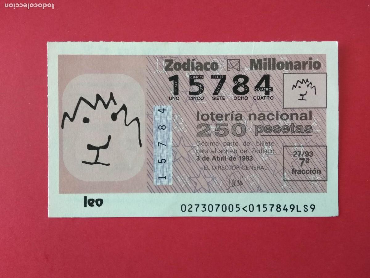 Loter&iacute;a nacional: DECIMO DE LOTERIA NACIONAL A&Ntilde;O 1993 SORTEO DEL ZODIACO N&ordm; 27 LEO