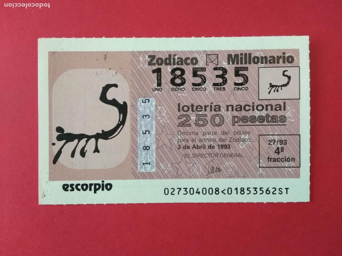 Loter&iacute;a nacional: DECIMO DE LOTERIA NACIONAL A&Ntilde;O 1993 SORTEO DEL ZODIACO N&ordm; 27 ESCORPIO