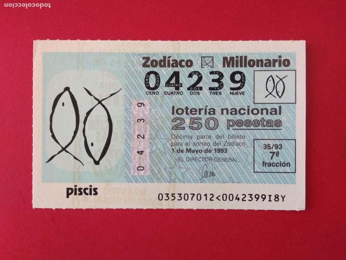 Loter&iacute;a nacional: DECIMO DE LOTERIA NACIONAL A&Ntilde;O 1993 SORTEO DEL ZODIACO N&ordm; 35 PISCIS