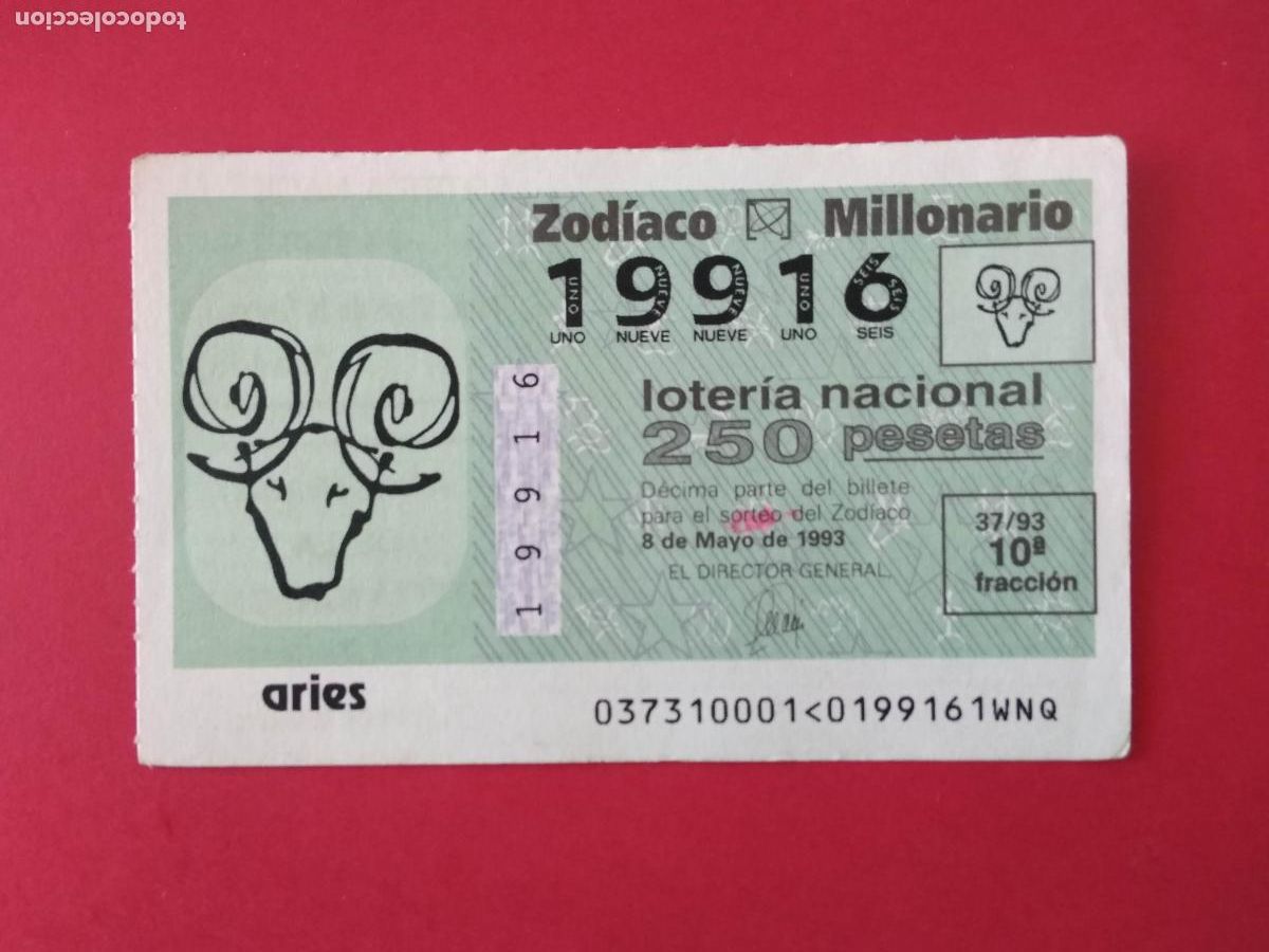 Loter&iacute;a nacional: DECIMO DE LOTERIA NACIONAL A&Ntilde;O 1993 SORTEO DEL ZODIACO N&ordm; 37 ARIES