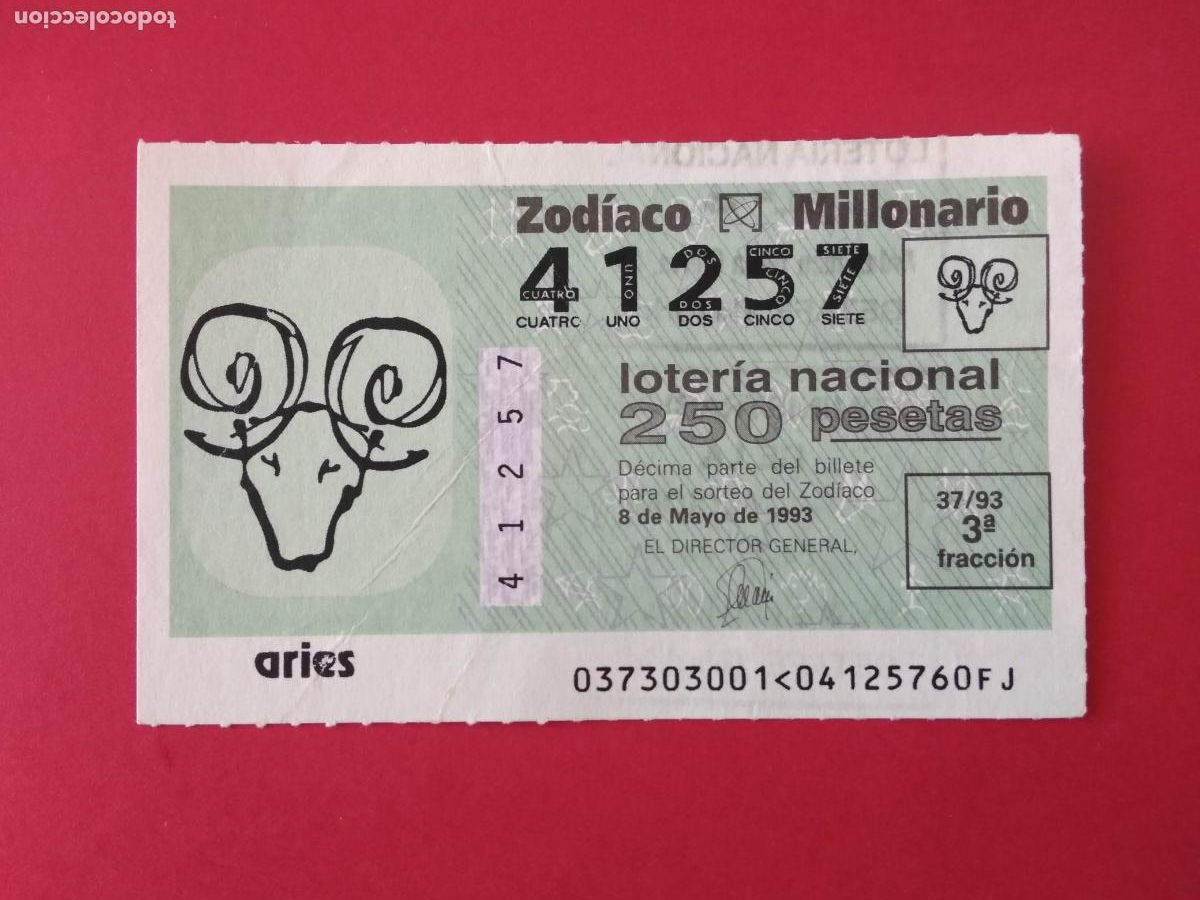 Loter&iacute;a nacional: DECIMO DE LOTERIA NACIONAL A&Ntilde;O 1993 SORTEO DEL ZODIACO N&ordm; 37 ARIES