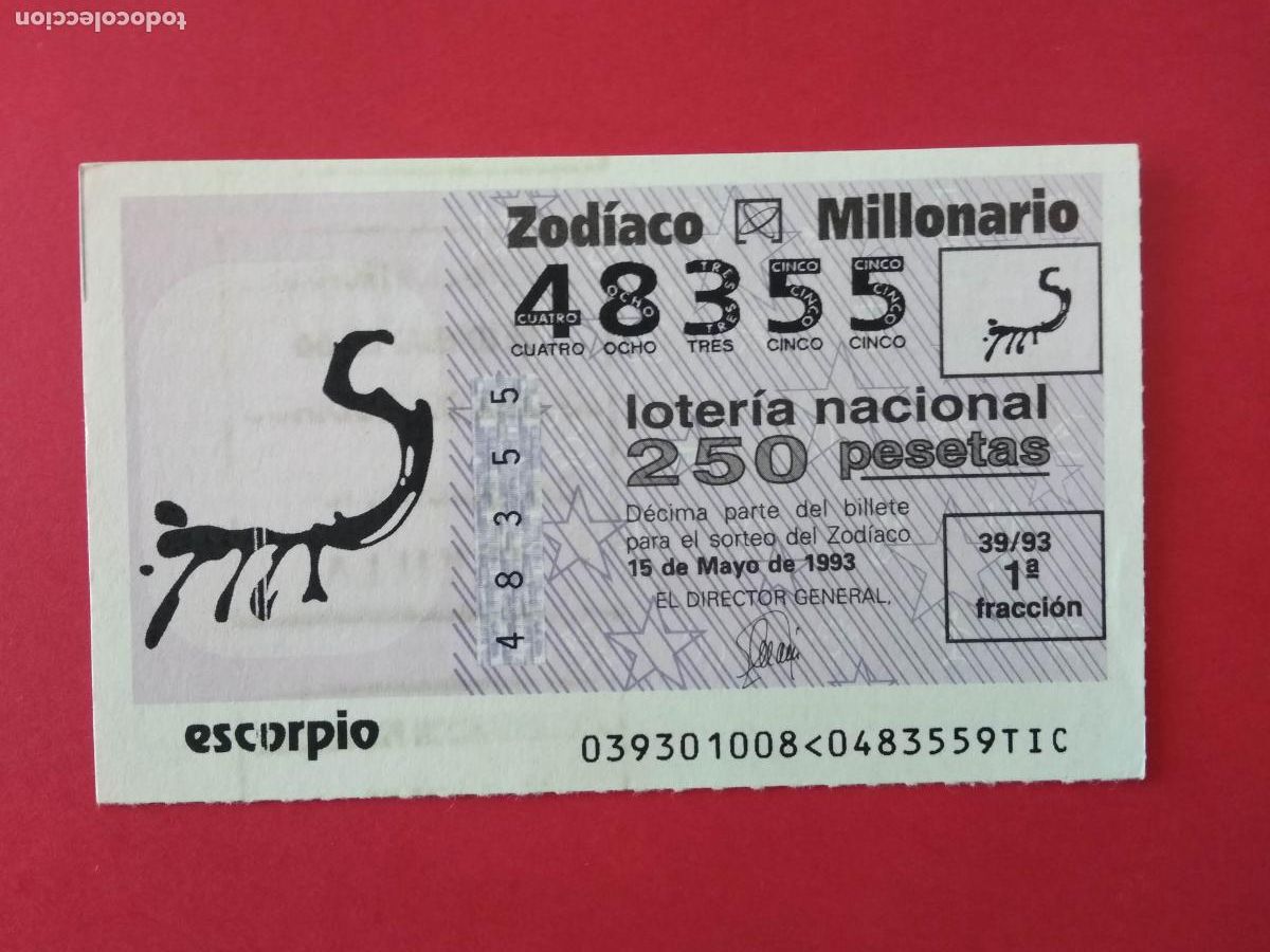 Loter&iacute;a nacional: DECIMO DE LOTERIA NACIONAL A&Ntilde;O 1993 SORTEO DEL ZODIACO N&ordm; 39 ESCORPIO
