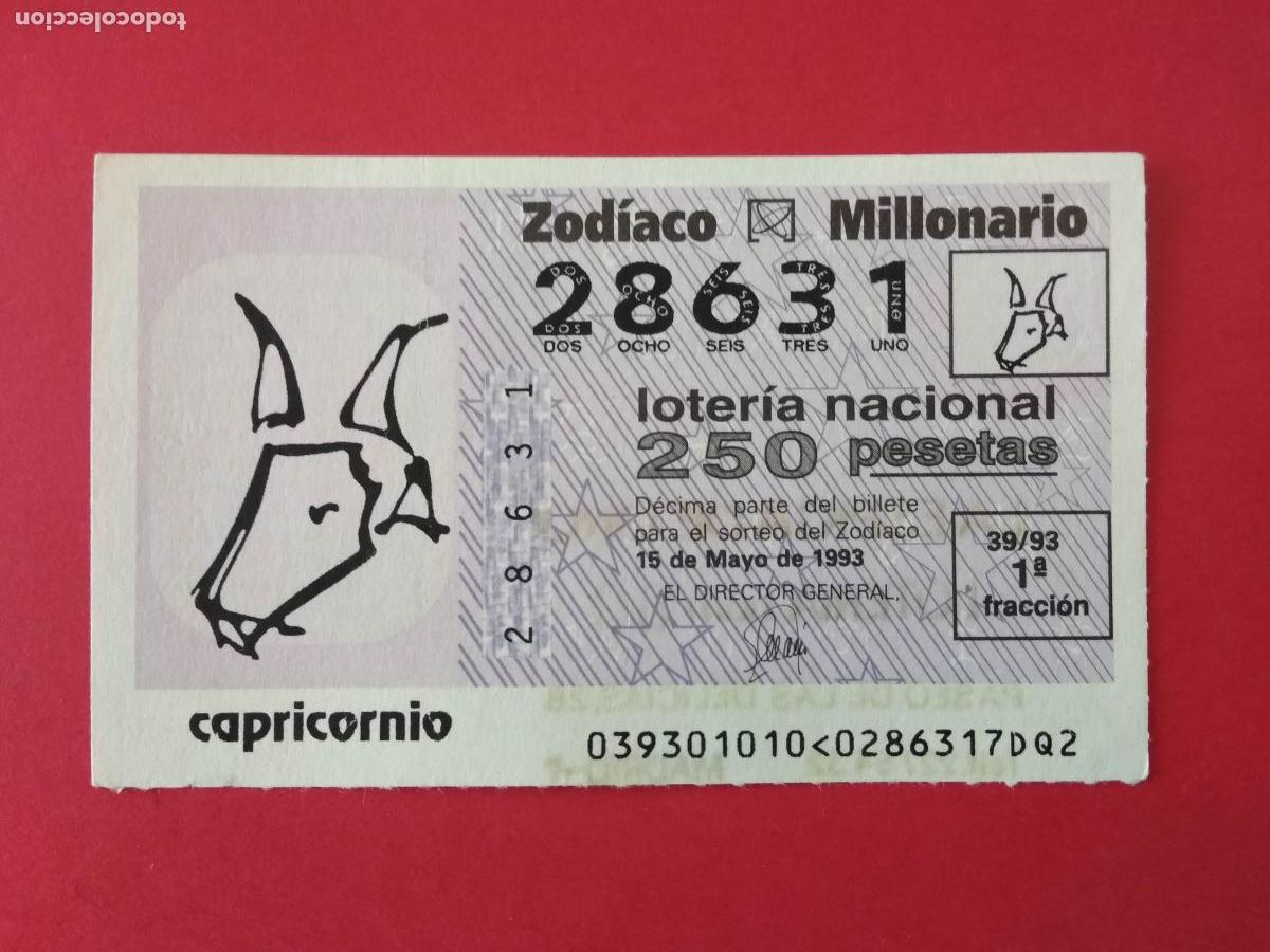 Loter&iacute;a nacional: DECIMO DE LOTERIA NACIONAL A&Ntilde;O 1993 SORTEO DEL ZODIACO N&ordm; 39 CAPRICORNIO